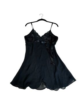 Jones New York Y2K Black Satin Babydoll Slip with Lace & Bow Trim